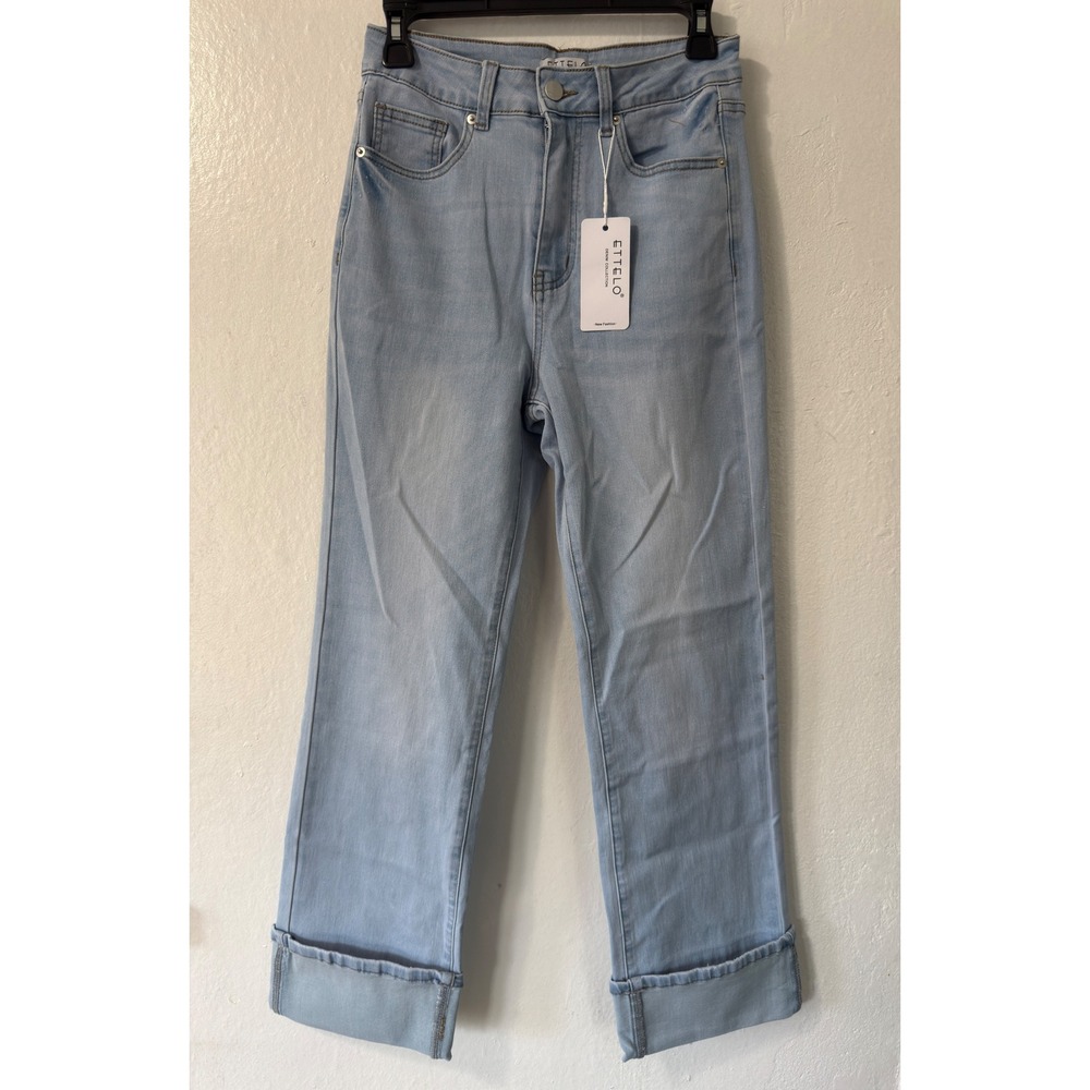 Ettelo Denim Collection Light Blue‎ High Waisted Cuffed Crop Jeans Size 10